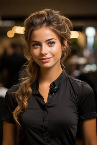 Emily, the customer care specialist, has a warm and welcoming appearance that puts customers at ease. She wears sleek, black-framed glasses that accentuate her attentive and intelligent gaze. Her shoulder-length brown hair is neatly pulled back in a professional ponytail, revealing a stylish headset with a noise-canceling microphone that ensures clear customer communication. Emily's friendly smile is a constant reminder of her empathetic nature, making her the ideal representative for any customer service interaction, hyper-realistic photography, 8k, indirect lighting --ar 2:3 --s 750