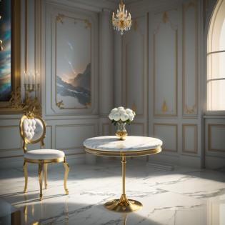 -1 there is a table with a white marble top and chairs, rendered in unreal engine 6, corona render, elegant render, rendered with unreal engine, rendered in the unreal engine, white marble and gold, rendered in unreal engine 3d, rendered in unreal engine, product render, scene render, marble room, baroque marble and gold in space, rendered in unreal engine 5 with a white woman wearing a wedding gown standing at the window