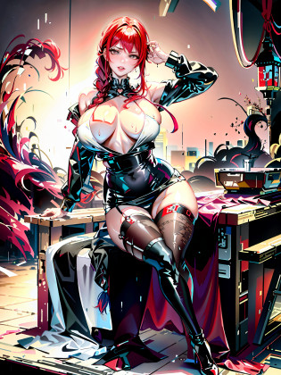 Verism?fisheye, textured skin, super detail, best quality, retina, 16k?anatomically correct?god rays?crystal hair, red hair, braided ponytail, heart-shaped pupils, glaring, yellow eyes? (Detailed cyberpunk background: 1.1) Underground street style background, (clothes wet with water) (completely transparent plastic top) (red suspender stockings, red stockings, high-gloss stockings) fleshy thighs tightened by red high-gloss suspender stockings, huge sagging breasts. (open neckline, transparent high-forked low-neckline cheongsam, revealing red high-gloss X-shaped bra under transparent tulle), outermost transparent gauze on body, painting, (best quality, 4k, Masterpiece: 1.4), Beautiful Woman, Surreal, 1 Girl, ((Facing the viewer, stroking the side of your chest with both hands)), (Sagging huge breasts, attractive body: 1.8), Sit-ups: 1.1, Long red hair: 1.8, (Wet rain, rain wet, wet body: 1.7), ultra-detailed face, detailed lips, detailed eyes, double eyelids, sexy low neck dress, open neckline, hanging breasts, side pose, visible curves, pool party, poolside, transparent clothes, Muscle-turning legs