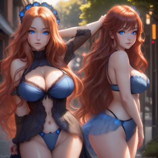 masterpiece, best quality, 1girl, long hair, looking at viewer, :3, cute, black lingerie, outdoors, streets, cowboy shot, large breasts, curvy, (((blue eyes))), rias gremory, red hair, antenna hair, wavy hair, ((beautiful detailed eyes, beautiful detailed glow, lots of glow)),