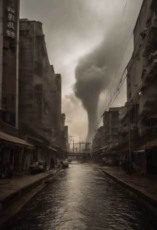 Underground water pipes?Industrial pollution?Discharge of sewage?Water tornadoes?tidal waves?tornado?typhoon?swell sea?Armageddon?Greatwave????disrupt??lakes?High water level?Bottomless?The run-down city creates a cinematic apocalyptic cityscape