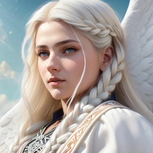 8k portrait of the most majestic pagan angel in the world, ((extreme close up:1. 5)), ((full body pinup:1. 3)), ((eye focus)), (8k, RAW photo, best quality, masterpiece:1. 2), (realistic:1. 3), (photorealistic:1. 3), ultra-detailed, (high detailed skin:1. 2), 8k uhd, dslr, soft lighting, high quality, film grain, Fujifilm XT3, best quality, beautiful lighting, extremely detailed, hyper detailed, (((action scene))), slavic pagan angel descending from the sky in front of a gigantic wooden temple, ((angelic floating)), ((flying)), ((descending from sky)), ((roman sword)), ((neo classicism digital painting)), ((tanned skin:1. 2)), (ancient jewelry), ((Feathery angel wings on back)), ((falling feathers)), ((greek sandals)), ((angelic white pagan dress)), cleavage, red and blue dress ornaments, ((slavic mythology)), ((Ukrainian cloth patterns)), ((white cloth:1. 3)), (blush), (platinum blonde hair:1. 3), ((long hair)), (braided hair), ((brown eyes)), ((detailed symmetrical face)), (pretty face), reflective eyes, (proportional eyes), same eye color for both eyes, (warm smile), (toned), ((rim lighting)), dramatic lighting, chiaroscuro, ((thighs:1. 2)), (legs:1. 2), realistic skin, ((slavic type of face)), ((massive pagan temple)), (cyclopean architecture), (Ukrainian forest), ((godrays)), (lens flare), (volumetric lighting), blue sky, white clouds, ((from side profile:1. 3)), professional majestic impressionism oil painting by Waterhouse, John Constable, Ed Blinkey, Atey Ghailan, by Jeremy Mann, Greg Manchess, Antonio Moro, trending on ArtStation, trending on CGSociety, Intricate, High Detail, dramatic, trending on artstation, trending on CGsociety,