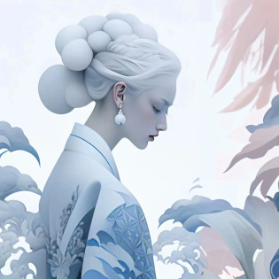 Alafid woman with white hair and blue kimono, Exquisite digital illustration, Beautiful digital artwork, stunning digital illustration, Beautiful digital illustration, A beautiful artwork illustration, by Russell Dongjun Lu, inspired by Kan? Naizen, White cloud hair, Guviz-style artwork, inspired by Fei Danxu, digital art of an elegant