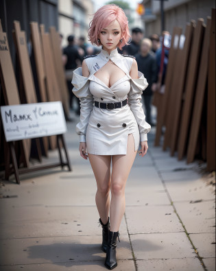 Araffe com longos cabelos rosa e uma jaqueta preta posando para uma foto, She's standing posing for the camera, garota solo, solo, cosplay de garota de anime, garota de anime na vida real, cosplay de anime, anime hiper realista, personagem de anime; arte de corpo inteiro, anime realista, estilo de arte de anime realista, anime ultra-realista, personagem de anime, como um personagem de anime, inspirado em anime, peitos grandes, sensual, decote, garota de anime realista, waifu anime. (max quality, ultra detalhada e realista, fotografia profissional, obra prima, profundidade de campo, estilo realista).