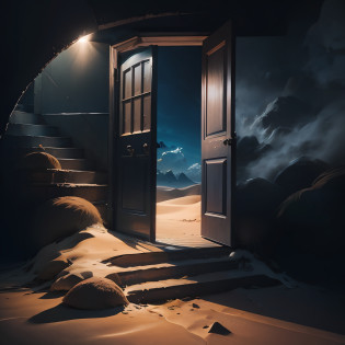 stairs to hall with doorway leading to a sand dune dune with a door in the middle, award winner nature paint, reflection, cloud, very detailed oil paint