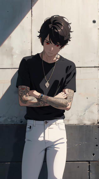 Men's Black Short Sleeve T-Shirt, white tight transparent pants, Sleeve tattoos, 10, high-res , Red Eyes, necklace, looking at the audience, Stand in front of the wall.