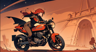 (masterpiece), (best quality), (best detail), (distant general view), (postage stamp),(main color of illustration: bright saturated red), (secondary color: lapis lazuli), a red cafe racer motorcycle driven by a woman with defiant stance, very detailed chassis, futuristic western scenery, night (many stars, moon), shading (detailed, much contrast), very saturated pulp colors