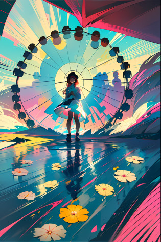 Story (Two Girls: 1.2) Ride the Ferris wheel for the first time at the amusement park, the Ferris wheel climbs to the highest point, and the two are excited and excited. , If you look outside there are many people having fun in the amusement park break background (inside the Ferris wheel, brightly colored benches: 1.3), (panoramic view of the amusement park from a high vantage point, clear blue sky: 1.3), roller coasters, coffee cups, animal costumes, balloons, ice, spray water, , large park, reflection of light from fountains, miniature landscape, clear blue sky, flowers blooming in flower beds, A lot of sandwiches and fruits. characters (2 girls, Loli, little girl, cute: 1.2), smile, look happy, beautiful eyes, fine eyes, fine eyes, (girls with long blonde hair and short pink hair: 1.3), Straw hat, cute stuffed bear in hand Style (pastel colors: 1.8), soft texture: 1.2, draw soft lines with a brush, reduce saturation of fill colors, Set the fill transparency to 70%.