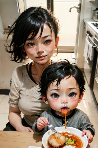 The wife is coaxing the little boy to eat?The little boy was reluctant to eat?He smiled while looking back at his mother?The mother is chasing the child with a bowl?The picture is cute style?The picture is bright?