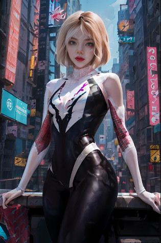 Spider - Woman in black and white suit standing on windowsill of the city, Spider Gwen, Spider - Gwen, Spider Gwen, Gwen Stacy