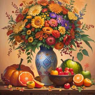 there is a painting of a vase of flowers and fruit on a table, harvest fall vibrance, harvest, harvest fall vibrancy, renaissance autumnal, fall vibrancy, by Jaime Jones, fruit and flowers, by Randy Gallegos, the goddess of autumn harvest, by Laura Wheeler Waring, by Jennifer Bartlett, by Lena Alexander, by Mary Anne Ansley