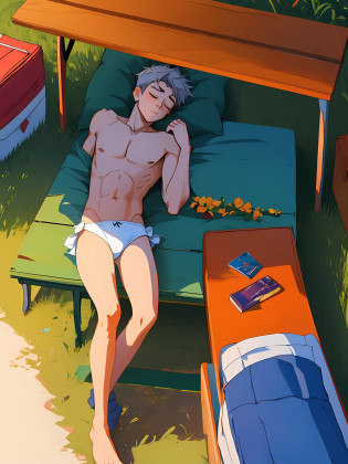 younge boy?Lie on a silver bench?Shirtless?white  panties?fall asleep?Top-down view