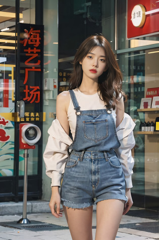1 girl, Full body photo,?Jeans?Suspender T-shirt?Wearing sneakers, cropped shoulders?The facial features are delicate and three-dimensional, The expression is natural and real, cheerfulness?Detailed details?Real and natural?Walk next to the camera?Accidentally see your footage ? wearing denim short shorts, photo of slim girl model, Straight dark brown hair ,floated hair?Large breasts, Walk in style and naturally on the square, The background is a spacious square in a fashion shopping mall?The ground is smooth?Advancedsense?High-rise building in background?Korean female model, Casual style, In fashion style, Trendy clothes, Solo, Detailed background, Square fashion clothing, Square fashion clothing, Sexy girl in shorts, Square fashion clothing,, very beautiful slim legs, Photorealistic, Street photography, Masterpiece, Realistic, Realistic, Photorealistic, High contrast, artstation 8k, High-definition realistic digital art trends, Detailed, Skin texture, Super detailed, Realistic skin texture, armature, Best quality, ?????, (Photorealistic :1.4), ?????, Detailed, primitive, Sharp Re, Port Kodak 400, Camera f1.6 shots, Rich colors, Ultra-realistic, Realistic textures, Dramatic lighting, illusory engine, Popular on the ArtStation Cinestill 800