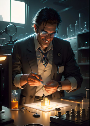 An Aalfed man in a suit and tie is looking at a candle, beeple and greg rutkowski, He is in the modern laboratory, Beeple e Tim Hildebrandt, beeple and mike winkelmann, video game screenshot>, elite scientist, artgem and beeple masterpiece, cinematic beeple, greg rutkovsky. Cinematic?Scientists are bad guys?The smile is very vicious?