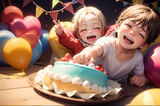Description of a photo of a boy child celebrating his second birthday, Imagine a bright morning filled with joy and cheer, You find yourself in a beautiful garden decorated with colorful balloons and bright decorations, You see a beautifully decorated table filled with colorful cakes and sweets, see the little boy celebrating his second birthday, Dressed in a colorful and cheerful outfit, the baby looks happy and excited for this special occasion, You watch the child laugh and enjoy having friends and family around, He sits on a small chair and tries to blow out the candles on a delicious birthday cake, He wishes the child with all strength and happiness and everyone starts clapping and cheering full of joy, You feel so warm and happy watching this special moment, You see other children playing, laughing and enjoying toys and gifts, Laughter and joy fill the air, and you feel the happiness and joy of this little boy who is celebrating his second birthday, This is a photo of a child celebrating his second birthday, surrounded by friends, family and joy, The child feels happy and joyful and enjoys gifts, sweets and special moments, ((the color of the cake is green)), (the child has a beige skin color), ((black eyes)), (2 years old), (2nd birthday party), balloon number 2, ((child boy)), ((baby boy)), 8k, high quilty, realistic, beautiful realistic, Cool details, raw photo, realistic clothing, realistic hair, Light and cool lighting, photo realistic, Cel shaded, Gel lighting, ultra details, realistic eyes
