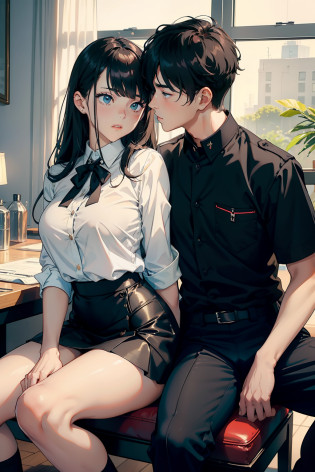 top-quality??masterpiece?Male and female couples?Girl sitting on a chair wearing a tight skirt over a blouse?Boys hugging each other from behind?Boys wearing high school long pants uniforms with mash cut hairstyles?Without glasses?Revenge relationship, hot kiss, sexy girl, big breasts, hot boys, the boys Inserting a dick into the female genitalia? girls wear tight skirts and show their bums