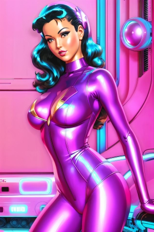 a close up of a woman in a purple bodysuit standing next to a car, beautiful cyborg girl pinup, 60's sci-fi pinup, 60's sci-fi pinup style, hajime sorayama designed girl, pinup art, as a retro futuristic heroine, pinup body, pinup, girl pinup, scifi woman, retrofuturistic female android