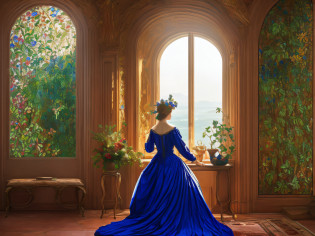 Autochrome in red and metallic blue, 2-point distance composition, illustration, Natural global lighting, illustration, 8K resolution, superdetallado, muebles marrones suaves en estilo de arte barroco, una gran ventana de estilo de arte tiffany louis comfort, superdetallado, una gran ventana de estilo de arte louis comfort tiffany, 8K resolution