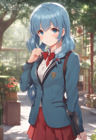 anime girl with blue hair and red school blazer, anime moe artstyle, school girl,  2 d anime style, moe, kantai collection style, anime visual of a cute girl, ; visual novel, anime cover, anime visual style