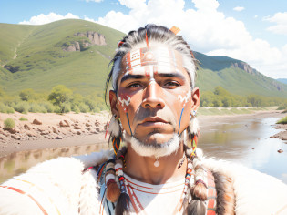 painting of a man with a painted face and headdress, indigenous man, portrait of a warrior, painted face, tribal face paintings, side centered painted portrait, tribal facepaint, portrait of a digital shaman, centered painted portrait, native american warrior, native american, portrait of a male warrior, indian warrior, digital art oil painting, a native american warrior