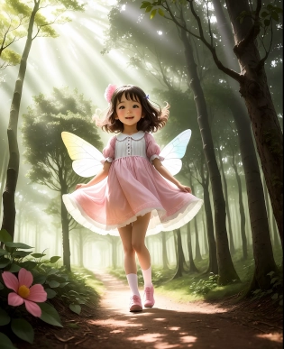 A little girl wearing a white, loose dress, with fluffy hair fluttering in the wind, is riding a pink bicycle, galloping from a small hill in the distance. Behind it is a fantasy forest like a fairy tale. This forest is full of exotic flowers and plants, the petals are dancing, and the colorful colors make people want to pick one off to appreciate it. In the depths of the forest, there still seem to be some mysterious creatures hidden. A flying butterfly landed on the little girl's hand. If you look carefully, its wings are shining with charming colors. On the big tree in the distance, a beautiful bird sang cheerful songs, as if welcoming the arrival of the little girl. The whole picture is shrouded in bright sunlight. Although the little girl's face cannot be seen, the confidence and courage exuded from her make people feel refreshed and happy.