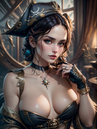 (masterpiece, alluring depiction of a sensual pirate in seductive pirate attire:1.3), (captivating portrayal that exudes a perfect blend of allure and adventure:1.2), (meticulously crafted to highlight the character's captivating charm:1.2), (a seductive pirate adorned in alluring pirate clothing that accentuates her figure:1.1), (a balance between classic pirate elements and a modern touch of sensuality:1.1), (her confident and daring expression adding to her enigmatic allure:1.1), (meticulous attention given to the details of her attire, from the low neckline to the intricate accessories:1.1), (a backdrop that captures the essence of a pirate's world, with hints of treasure and adventure:1.1), (a portrayal that evokes a sense of intrigue and adventure while embracing sensuality:1.1), (the fusion of enticing aesthetics and the spirit of piracy creating a visually captivating composition:1.1), (an image that prompts viewers to imagine the tales and escapades of this enchanting pirate character:1.1), (an artwork that celebrates both fantasy and allure in a vibrant and captivating manner:1.1), (an invitation to embrace the allure of the high seas and the intriguing world of a sensual pirate:1.1)), Cinematic, Hyper-detailed, insane details, Beautifully color graded, Unreal Engine, DOF, Super-Resolution, Megapixel, Cinematic Lightning, Anti-Aliasing, FKAA, TXAA, RTX, SSAO, Post Processing, Post Production, Tone Mapping, CGI, VFX, SFX, Insanely detailed and intricate, Hyper maximalist, Hyper realistic, Volumetric, Photorealistic, ultra photoreal, ultra-detailed, intricate details, Super detailed, Full color, Volumetric lightning, HDR, Realistic, Unreal Engine, 16K, Sharp focus, Octane render
