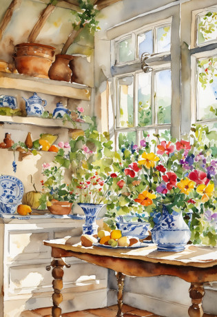a close up of a table with a vase of flowers on it, delightful surroundings, with a french garden, house kitchen on a sunny day, french village interior, by Bernard D�Andrea, bright window lit kitchen, architectural digest, homes and garden magazine, homes and gardens, architectural digest photo, summer morning light, with flowers and plants, vignette