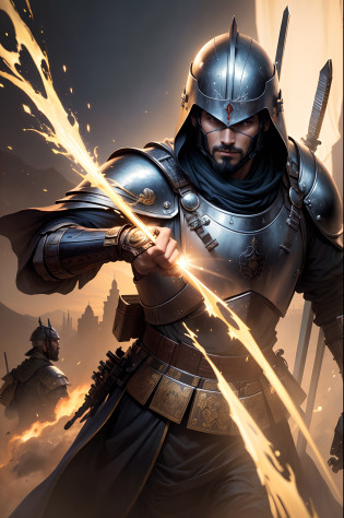 (Sci-fi fantasy), (Masterpiece), (professional oil painting) (best quality), (8k resolution), two men,, the first is Arabic knight, the second is Japanese Samurai, theSamurai, Arabian knight, Arabic knight vs  Samurai, Arabic knight uniform, Samurai uniform, Arabic sword, Samurai sword, Arabic Sword vs Samurai Sword, focusing on sword, forcus on Arabic knight and Samurai