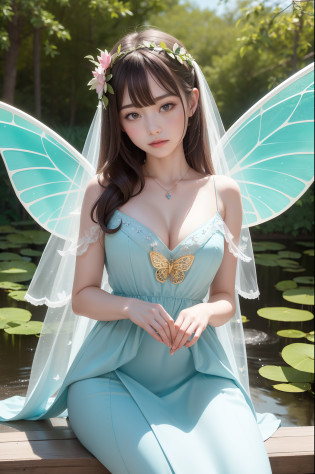 bokeh dof?thick mist?sitting on?Fairy of light appeared in the forest at dusk in spring. She is a beautiful, Pale, Bright female figure with stained glass butterfly wings on her back. She wears elaborate and delicate ornaments. Fantastic forest fountain with wildflowers. Detailed drawings. Vivid colors. high?Lake at dusk?The lotus flowers?pink  dress?top-quality?Cuticle hair