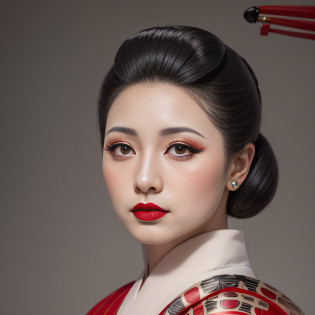 image of a woman with a red lipstick and a black and white kimono, elegant Japanese woman, Geisha portrait, Portrait of a beautiful geisha, Portrait of a geisha, Japanese woman, Geisha photo portrait, Beauty geisha, Japanese geisha, geisha glamorous and sexy, geisha hairstyle, inspired by Yun Du-seo, Korean woman.