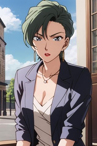 ((masterpiece)),((best quality)),ultra-detailed,illustratio,Explicit,Beautiful body,Beautiful Nose,Beautiful character design,perfect eyes,perfect face,wallpaper,ultra highres,
4K,photography,(Beautiful,normal breasts:1.5),(beautiful face:1.2),beautiful legs,perfect legs,(meitantei conan \(style\), detecive conan \(style\), meitantei conan),
shiny skin,anime screencap,official style,Hoshi Seiran,1girl, jewelry, earrings, lipstick, solo, makeup, necklace, cleavage, red lips, breasts, mature female, short hair, collarbone, anime coloring, jacket, medium breasts, retro artstyle, formal, shirt, upper body, suit, lips, parody, looking at viewer, parted lips, grey eyes, green hair,<lora:Hoshi Seiran:0.7>,Blue sky,White cloud,outdoor,street,upper body,