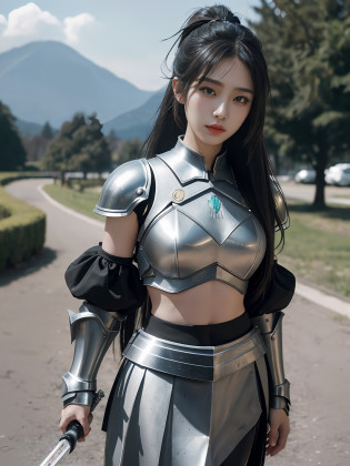 Masterpiece, Best Quality, (Realism: 1.9), Beautiful Lighting, (Very Detailed CG Unified 4K FHD Wallpaper), Realistic, High Detail, Sharp Focus, Dramatic Outdoor, (((1girl, Solo))), 20 years old, Long hair, (Brunetette), Ponytail hair, (Metal armored skirt: 1.3), Metal shoulder armor, (Metal Bra 1.3), hiqcgbody, Power Armor, pureerosface_v1, ULZZANG-6500, (Great Sword 1.3), black hair, surrealism, 8k, super detail