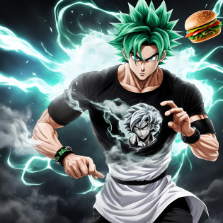 Green hair, Surrealism, 8k, super detail goku, hamburger, solo, 1boy, bravo, hamburger, black hair, black shirt, blue bracelet, clenched hand, closed mouth, collarbone, energy, gray eyes, male focus, muscular man, outstretched arm, band, scene reference, scratches, black shirt, smoke, spiky hair, standing, ultra instinct, V-eyebrows, hamburger, walking, bracelet