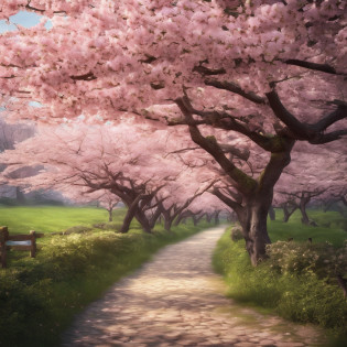 In the middle of a field, tree with pink flowers, cherry blossom trees, Detailed trees in full bloom, Cherry blosome trees, sakura trees, cherry blossomsbaum, Cherry trees, Kirschbl�tenbaum, Kirschbaum im Hintergrund, cherry blossoms, Cherry blossoms in the wind, cherry blossom, Huge cherry trees, huge flowers, Lush sakura trees, (((Meisterwerk))), (((best quality))), ((Ultra-detailliert))