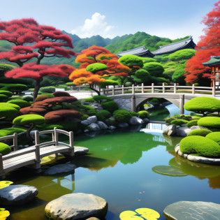 arafed view of a pond with a bridge and a bridge in the middle, lush japanese landscape, japanese landscape, scenic colorful environment, japanese garden, beautiful landscape, beautiful scenic landscape, very beautiful scenery, landscape scenery, a beautiful landscape, scenery wallpaper, garden landscape, detailed scenery �width 672, in japanese garden, amazing landscape, beautiful scenery