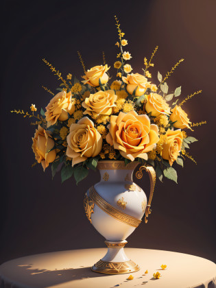 There is a painting of a vase with yellow roses, elegant flowers, ornate translucent roses, beautiful aesthetics, elegant digital painting, roses, exploding roses, magic flowers, beautiful flowers, beautiful art, incredibly beautiful, I dream of a vase of flowers, decorative roses, oil painting of realistic flowers, elegant and ornate, yellow flowers, beautiful and elegant