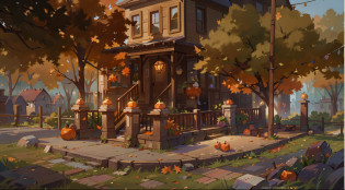 autumn time in neighborhood, colorful falling leaves, cozy houses with chimneys, warm golden sunlight, crisp cool air, pumpkin decorations, evening bonfires, aromatic apple cider, rustling sounds of leaves, tree branches swaying in the wind, birds chirping and preparing for migration, families taking walks in the park, beautiful sunset painting the sky with shades of orange and purple, a sense of tranquility and harmony, nostalgic feeling of the changing season, inviting and welcoming atmosphere, the scent of cinnamon and spices, soft gentle breeze, a peaceful and serene neighborhood. 

(best quality,4k,8k,highres,masterpiece:1.2), ultra-detailed, (realistic,photorealistic,photo-realistic:1.37), vivid colors, autumn color palette, warm and cozy lighting.
