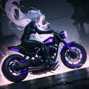 (masterpiece, best quality, photorealistic, cinematic), ((a female ghost rider, riding her supernatural motorcycle through the enigmatic night)), ((her hair, resembling strands of silver moonlight, flows freely with an ethereal glow that stands out against the surrounding darkness)), ((adorned in a modern reinterpretation of classic ghost rider attire)), ((she wears a form-fitting black leather suit intricately etched with flame motifs that appear to flicker with eerie blue and violet flames)), ((a feminine twist on the traditional flaming skull emblem graces her chest)), exuding an air of both elegance and danger, ((her ensemble includes a belt with spectral chains and ghostly flames)), ((translucent gloves with fiery patterns)), ((sleek and obsidian-like boots adorned with spectral flame motifs)), ((at the heart of this composition is her supernatural motorcycle, a fusion of modern engineering and ghostly aesthetics)), ((this low-slung chopper features tires that emit an eerie blue and violet glow, wrapped in intricate spectral flame patterns, while ghostly chains envelop the frame, appearing to both bind it together and propel it forward)), ((as she speeds through the night, the motorcycle leaves a trail of blue and violet flames, illuminating the mysterious landscape)), while her intense, otherworldly eyes and an expression of unyielding vengeance complete the haunting scene, challenging artists to convey the essence of this striking and supernatural female ghost rider, (wide shot, full body view)