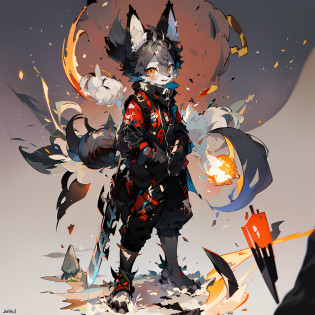 Furry furry: 1.3 solo animal ears furry male full body fur, fluffy tail, gray-black fur, brown eyes, gray hair 1.2), long canine anime style gray-black wolf 
  Battle-trained Holding a long-bladed weapon with symmetrical ends Background Silent Forest Junior Junior
