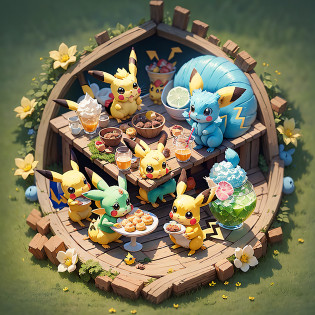 Pokemon Pikachu with Elves and Drinks on the Hill, Pikachu Pulling Genie, Illustration Pokemon, , Bread Type Pokemon, Anime Food, Cute Pokemon Style, Pikachu Concept Art, Pikachu, Cute Mouse Pokemon, Sonic, Pikachu as Human, Bun), Pokemon, ??? ???? Mika Pikazo --auto --s2
