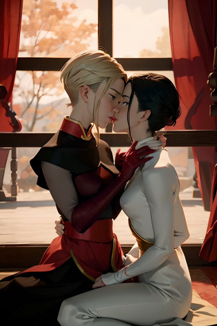 Azula and Gwen Stacy passionately kissing in a dimly lit room, their bodies entwined. Gwen, with her flowing blonde hair, caresses Azula's face with tenderness as Azula's jet-black hair cascades down her shoulders. The room is filled with an aura of intensity and desire.

The scene is beautifully illustrated, with vibrant colors and intricate details. The use of oil painting medium enhances the emotions and creates a timeless masterpiece. The portrait is of the highest quality, with the finest attention to detail, vivid colors, and realistic textures.

The lighting in the room creates a dramatic atmosphere, with soft, warm tones casting a sensual glow on the entangled figures. The shadows add depth and mystery, emphasizing the intimate connection between Azula and Gwen. The light falls perfectly on their faces, highlighting their beautiful eyes, lips, and the delicate features of their faces.

Through this artwork, the viewer can feel the intense passion and longing between the two characters. It captures a moment of raw emotion and connection, inviting the audience to immerse themselves in the world of Azula and Gwen Stacy's love. The artwork combines elements of romance, sensuality, and beauty, creating a captivating and powerful image.

[romantic,passionate] [oil painting] [blonde hair] [black hair] [intense,desire] [entwined bodies] [vibrant colors] [intricate details] [highest quality] [realistic textures] [dramatic lighting] [soft,warm tones] [sensual glow] [beautiful eyes,lips]