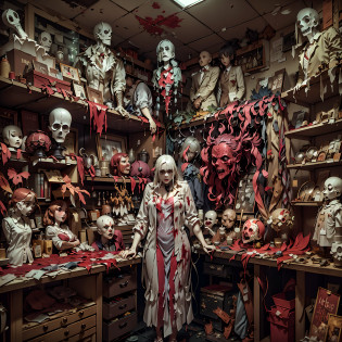 Paper Cuttings style? (((Inside the bloody parts store)))The shelves are full of horror, blood vessel, sci-fy ,(crowed:1.2),[Creepy mannequins], [Horrible amputation], [Bloody tools], [Rotting organs], [Terrible surgical instruments], [Disturbing dissection table], [Eerily dim lighting], [Sinister atmosphere][Creepy sculpture], [Disturbing mural], [Horror movie props], [Creepy doll head], [Haunting reflection], [Creepy shadows], [Morbid curiosity], [Creepy glass jars], [Ominous background music], [Creepy costumes], [Distorted mirror], [Menacing mannequin eyes], [Spooky abandoned aisles], [Bloody floor], [Haunted whispers], [Psychotic salesman], [Creepy window display], [Scary realistic mannequin limbs], [The screams echoed in the distance], [sinister expressions], [Strange mannequin face], [Grinding chains], [eerie fog], [The Mad Scientist Lab resonates], [Bloodstained price tag], [creepy atmosphera]