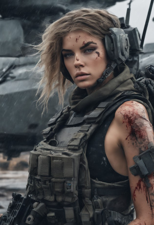 Postapocalyptic combat scene with a Beautiful hyperrealistic photograph of cute Young Swedish woman with Runic tattoos, ((dirty face Blood splattered)), (((wearing full heavy mecha armor, combat harness, Neon highlights))) Short Red Dreadlocks, combat pose, (((Holding on to the side of a combat Sci-Fi Combat helicopter))), exterior of Destroyed building, Fires, Smoke, debris, Camo netting, Ammo Boxes, Rain, Stormy, Wet, abstract beauty, near perfection, pure form, intricate detail, 8k post-production, High resolution, super Detail, trending on ArtStation, sharp focus, studio photos, intricate detail, Very detailed, By Greg Rutkowski