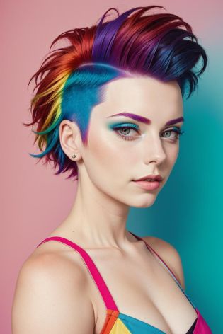 analog style, modelshoot style, portrait of woman by Flora Borsi, style by Flora Borsi, bold, bright colours, rainbow Mohawk haircut, ((Flora Borsi))