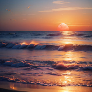 Pink-orange moon?Pink-orange sky?Soft orange clouds?Layers?Golden-blue waves sparkle?Sparkling?Golden waves on golden blue ocean?fanciful?Diamond?tiara crown?kosmos?gentlesoftlighting?A flock of small seagulls fly in the sky