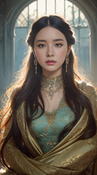 High quality, masterpiece, masterpiece, exquisite facial features, exquisite hair, exquisite eyes, exquisite color hair, 4K picture quality, gorgeous light and shadow, Tyndall effect, halo, messy hair, young state, gorgeous scene, exquisite clothes, chains, feathers, ancient chinese beauty with big eyes very detailed, digital painting, artstation, concept art, sharp focus, illustration, art by greg rutkowski and alphonse mucha and victo ngai