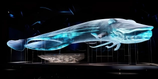 Breathtaking digital photo of an awe inspiring ultra futuristic holographic art installation depicting an imaginary cetacean creature. ::5 The piece is an imposing hologram of a giant alien whale. It stands magnificent in the middle of the art gallery, glowing, floating on air, projected, almost unbelievable. The art gallery is minimalistic, stands in contrast with the complex technical nature of the art piece. The mood is sophisticated, high tech. ::4 The general composition offerers a glimpse into a world that feels both futuristic and artistic at the same time. ::3 The chamber is darkness, with illumination coming from the glowing art, holographic. Sony A7S III, 28mm lens, ISO 200, shutter speed 2s, aperture f8. Professional architecture photography ::2 --no bad anatomy, text, signature, watermark, username, low resolution, worst quality, low quality, jpeg artefacts, blurry, cropped, badly framed --ar 2:1 --v 5 --c 20 --seed 13 --s 50