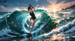 Draw an energetic maiden in the middle of the waves, using bright colors such as yellow, red or orange to highlight her vitality.
Drawing the body pose of a maiden, she can stand on a surfboard with her hands held high to show her enthusiasm and bravery.
Pay attention to drawing the girl a suitable outfit, such as a swimsuit or surf suit, to make her look more in line with the theme of surfing at the beach.
Draw the waves and use curves and wave shapes to create a sense of movement and speed in surfing.
Add details to the picture, such as seagulls, splashes of waves, sunlight projection, etc., to add layering and realism to the overall sense of realism.
Finally, the picture is carefully examined, retouching the necessary details to make the painting more refined and vivid.