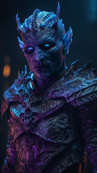 a photo of 8k ultra realistic scary demon, Night King, Game of thrones, George R. R. Martin, full body, intricate purple and blue neon armor, ornate, cinematic lighting, trending on artstation, 4k, hyperrealistic, focused, high details, unreal engine 5, cinematic --ar 9:16 --q 2 --v 5 --s 750