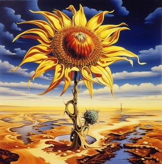 a psychedelic surrealist painting of a sunflower, Salvador Dali, Pablo Piccaso --ar 80:81 --quality 2 --s 750 --v 5. 1